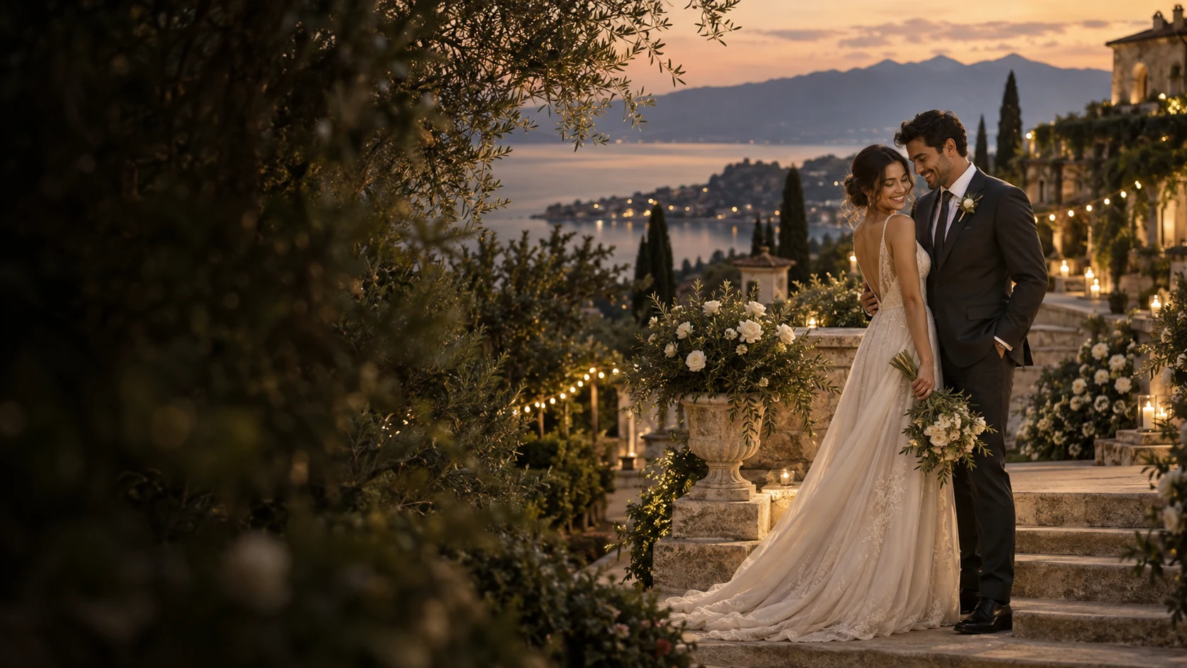 Una pareja celebra su boda al atardecer, entre jardines y luces